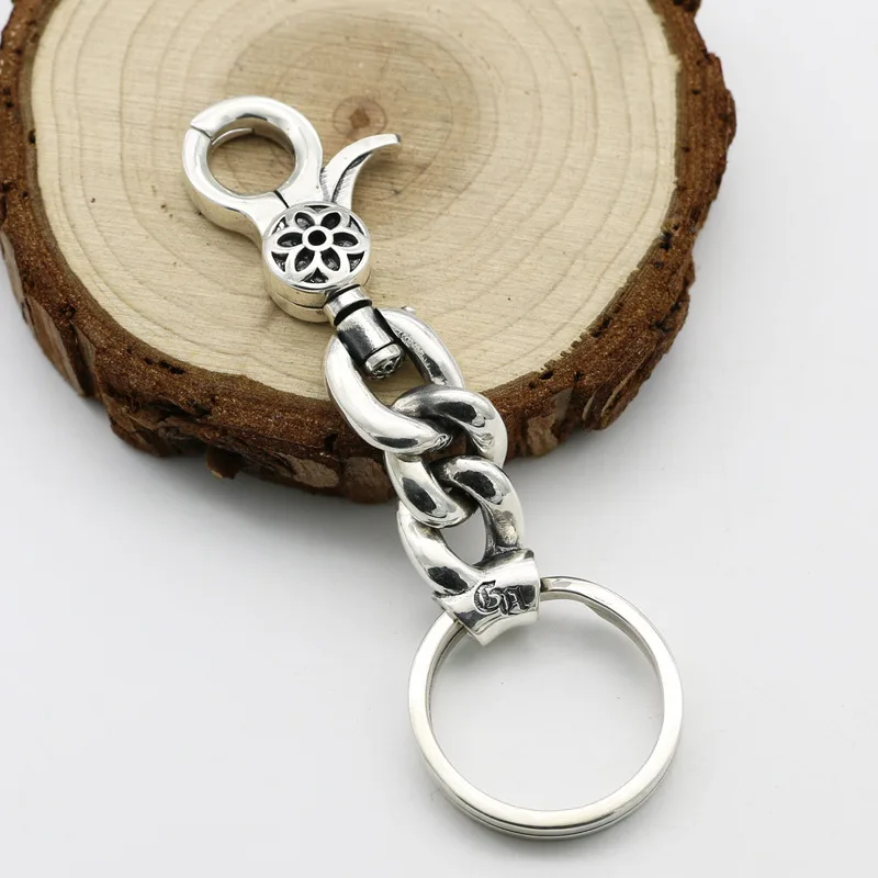 

High grade silver fashion Korean version s925 sterling silver cherry blossom keychain trendsetter car waist hanging male dominee