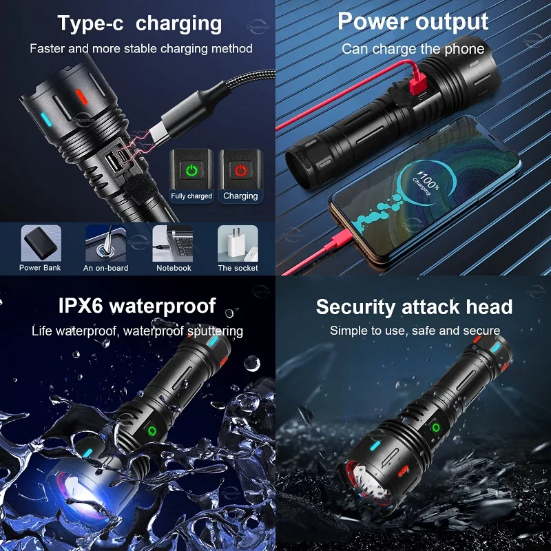 High Power Flashlight 10000 Ultra Powerful Torch Usb Rechargeable Led Lamp Fluorescence Army Tactical Flashlight Hunting Camping