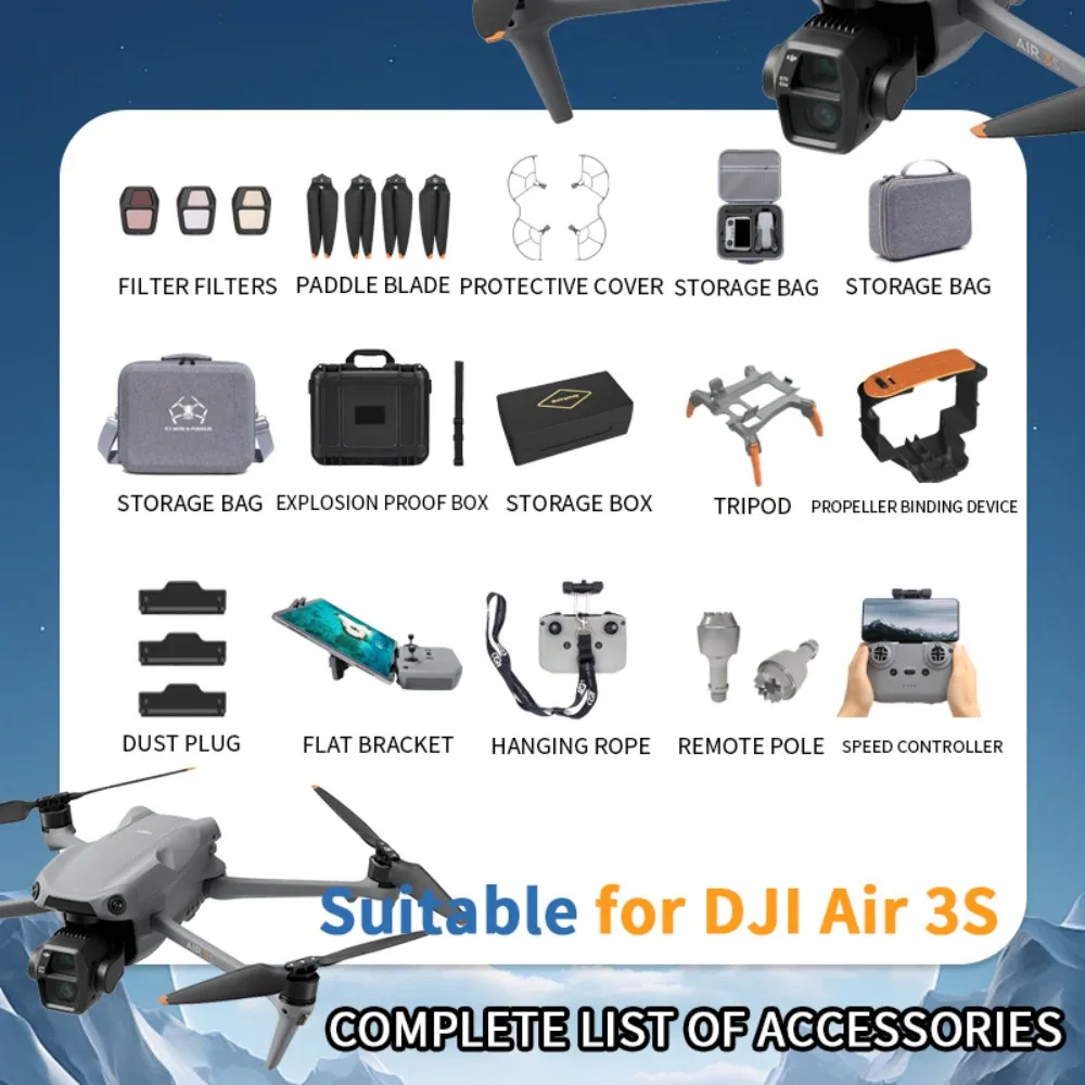 Suitable for DJI Air3S/3 PTZ tempered film protective cover, paddle collimator, height increasing tripod, explosion-proof box no