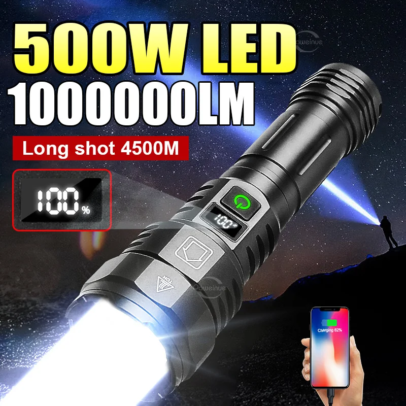 Ultra Powerful 500W Flashlight High Power LED Flashlights Rechargeable USB Zoom Torch Light Long Range Hunting Tactical Lantern