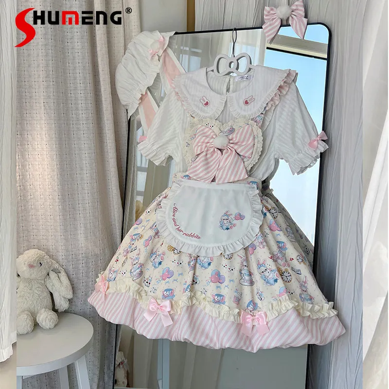 

Original Kawaii Girl's Lolita Dress Short Sleeve Shirts Outfit Summer New Japanese Women's Cute Cartoon Print Suspender Dress