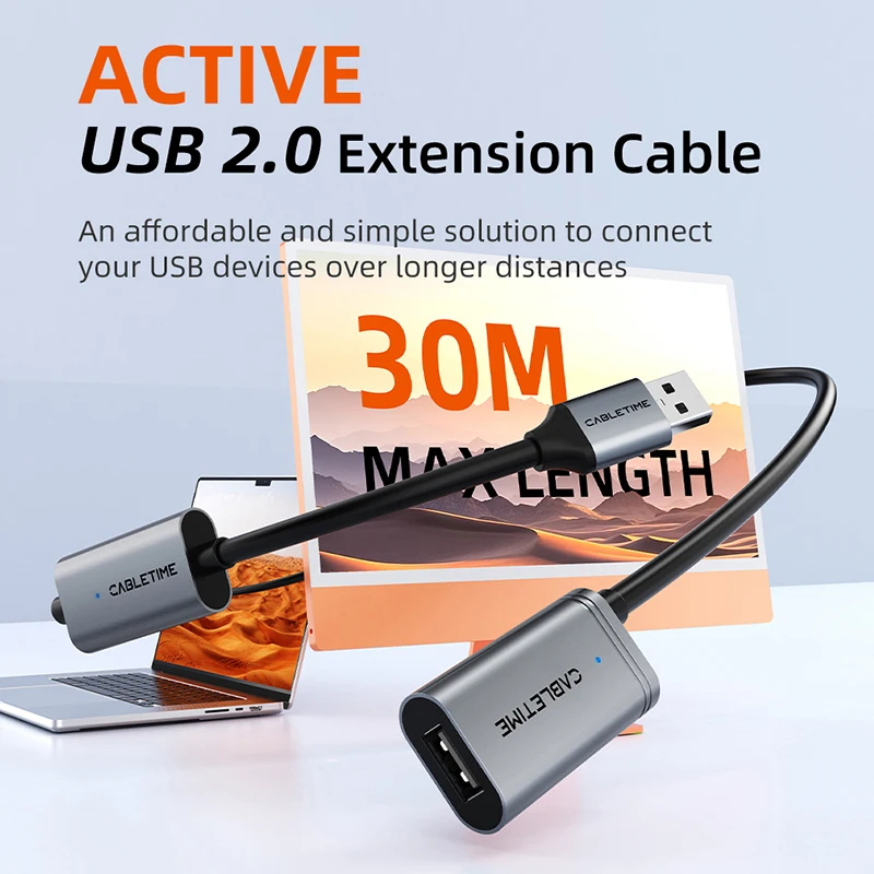 CABLETIME USB 2.0 Extension Cable 480Mbps Fast Data Transfer Active Extension Cable 30Mfor Desktop TV Projector Laptop Camera