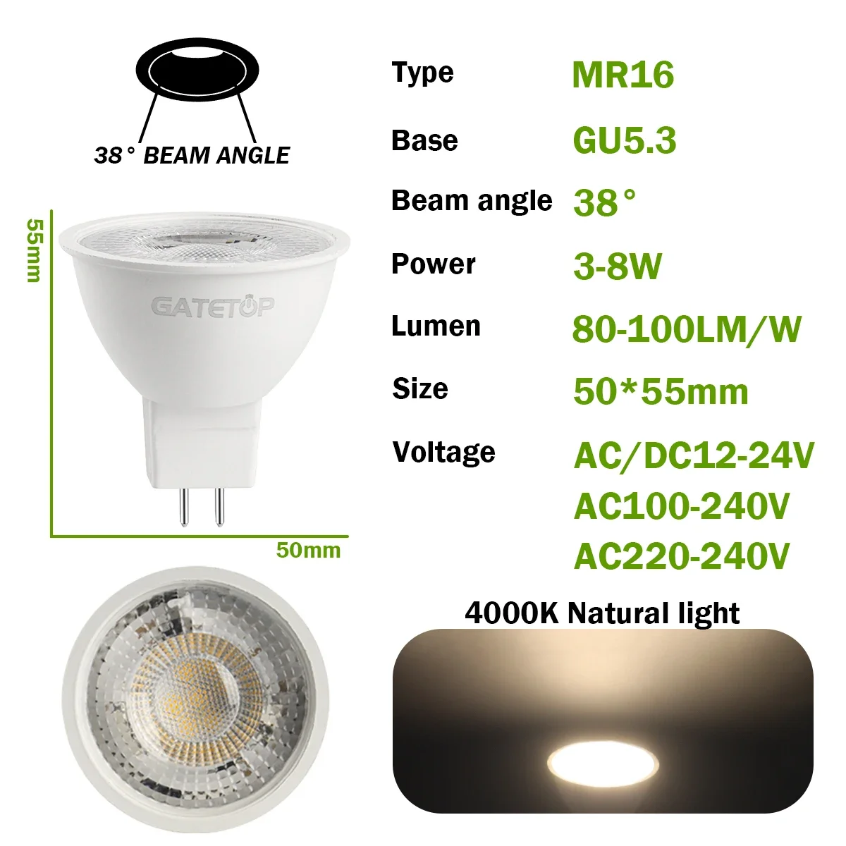 10 Stück MR16 LED-Strahlerlampe GU5.3, AC 110V 220V 12V Glühbirnen, Spotlicht als Ersatz für 50W Halogenlampe, für Zuhause