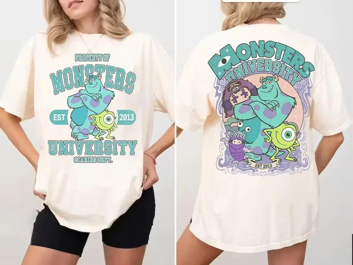 Camiseta vintage de dos caras de Monsters Inc, colores cómodos, camiseta de Mike Sulley Boo de la Universidad de Monsters de Dis