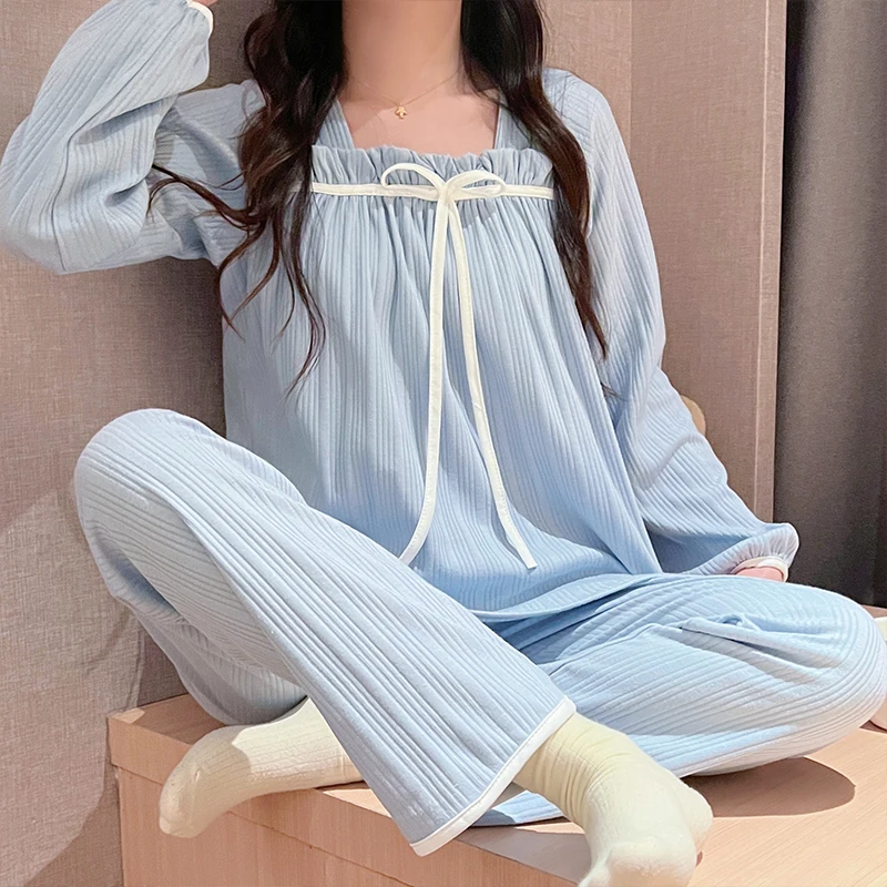 

Spring Milk Silky Pit Strips Off Shoulder Long Sleeve Pajamas Women's Home Clothes Bowknot Sweet Casual Pullover Set of 2