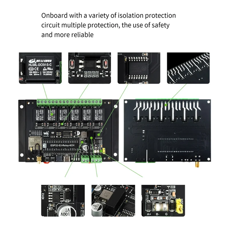 Waveshare ESP32-S3 6CH Wifi Relay Module Industrial Grade Black ABS Supports Wifi/Bluetooth/RS485/Pico Interface Relay