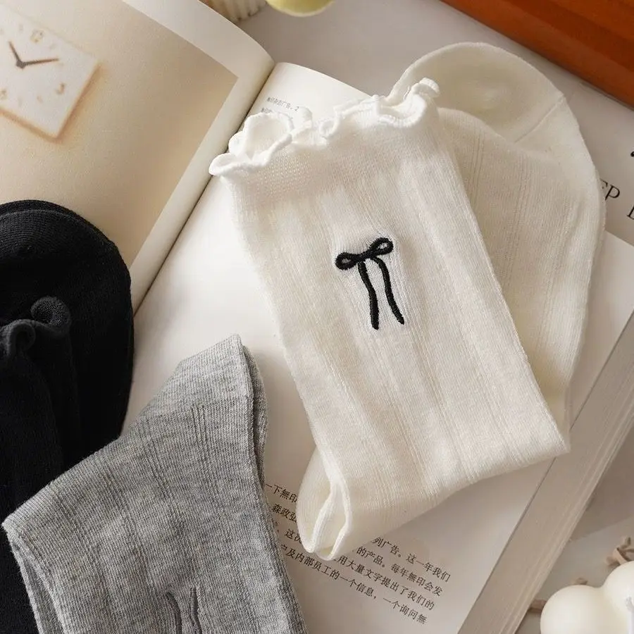 3 Paar Mädchensocken mit Spitzenbesatz, atmungsaktive, gestapelte Socken mit Schleife, Netzsocken in der Mitte der Wade