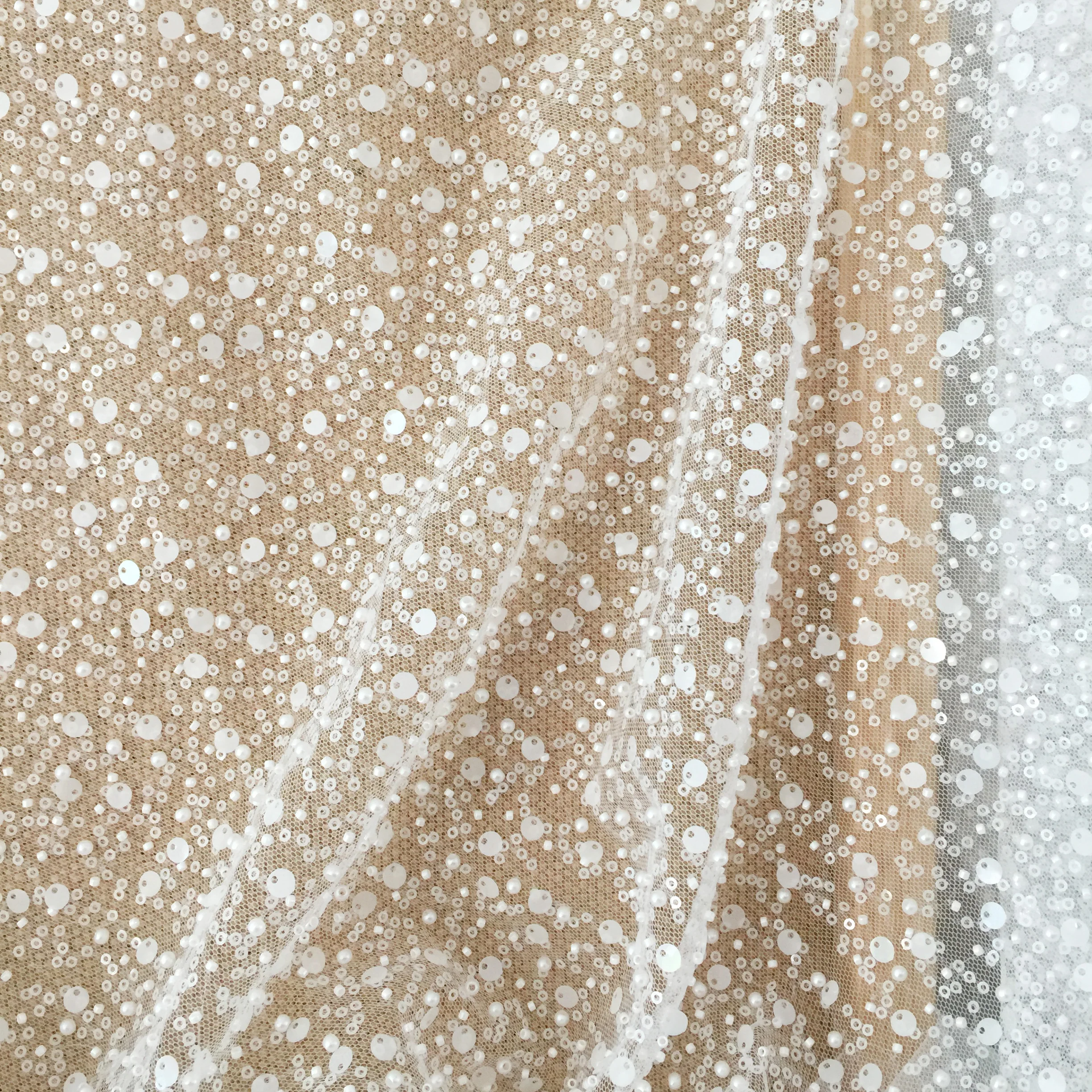 1 Yard 3D Perlen Porzellan Weiß Perle Perlen Spitze Stoff, Hochzeit Couture Braut Kleid Spitze Stoff von Hof – Detail 7