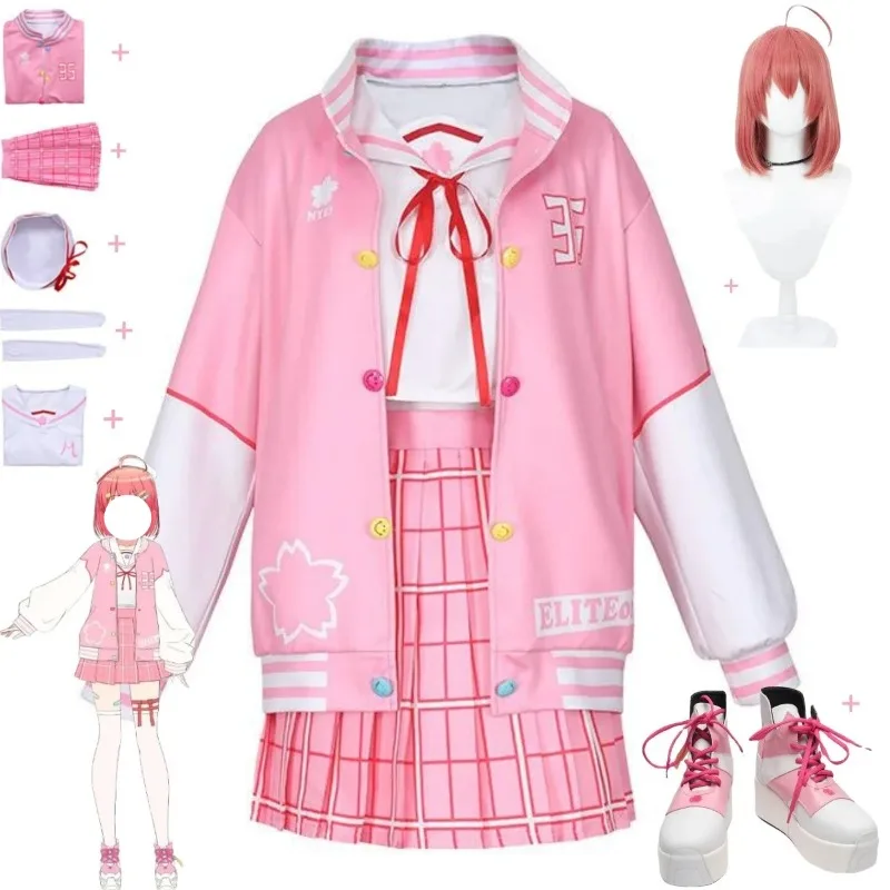 

Anime Sakura Mikoo Cosplay Virtual Anchor Costume Pink JK School Uniforms Skirt Coat Wig Full Set for Women Halloween Party
