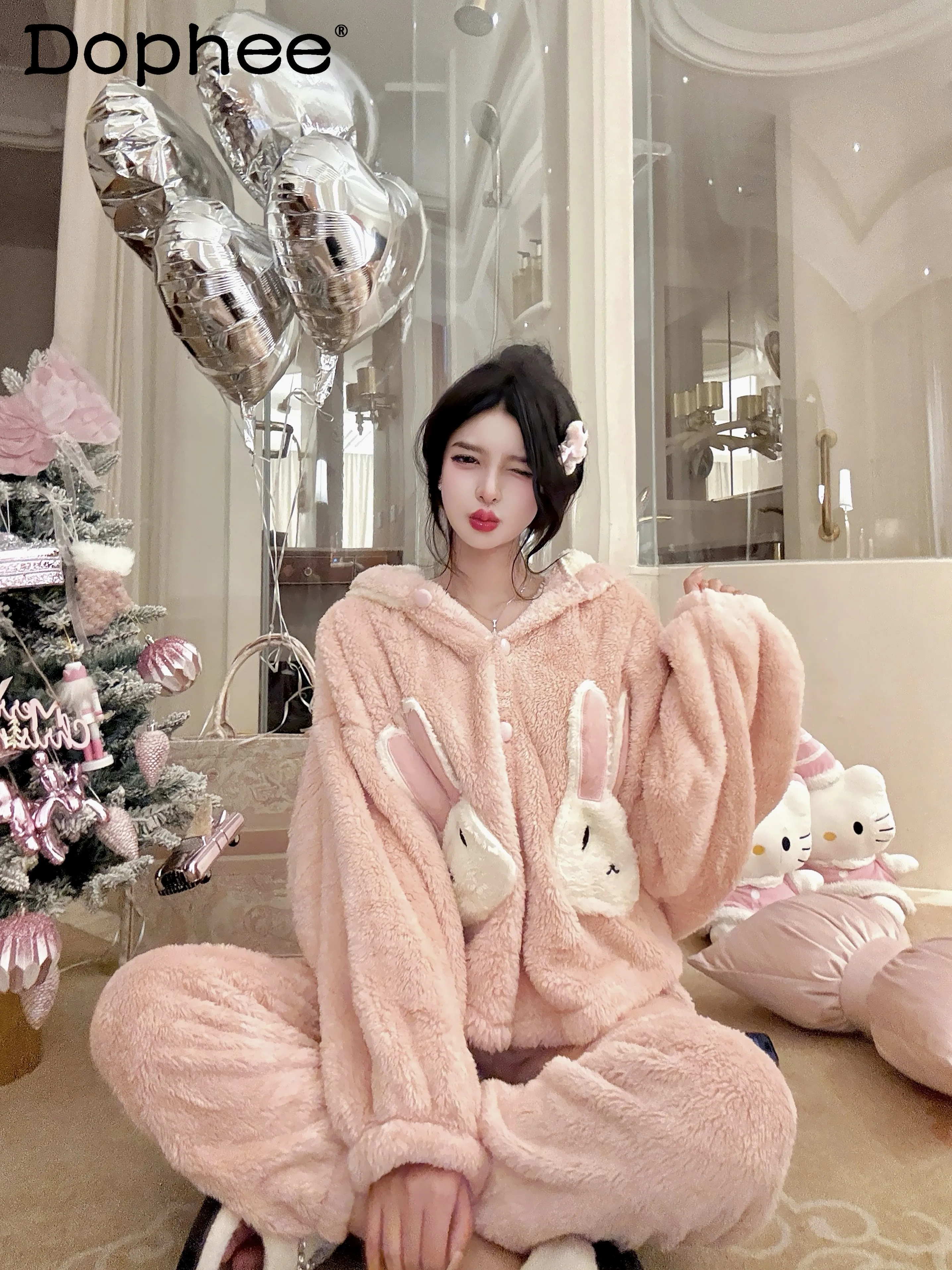 

Пижамы из кораллового флиса с капюшоном Sweet Bunny, осенне-зимний теплый утолщенный удобный мягкий комплект домашней одежды для милых девочек