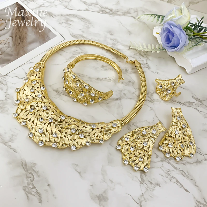 Big Size Dubai Rhinestones Collar Chunky Gold Plated Jewelry Set Women Necklace Earring Bracelet Ring Bridal Wedding Party Gift view 5