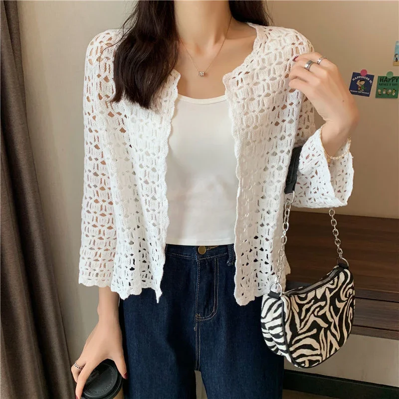 Short Shawl Thin Coat Women\'s Knitted Cardigan Summer Blouse Short Vintage Clothes for Women Tops Shirts Blouses