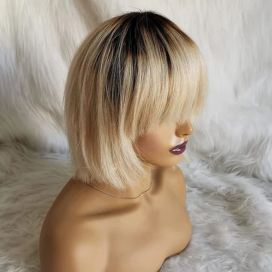 Bleach Blonde Short Bob Capless Wig Human Hair Blend Wig Brazilian Remy Ombre Multi-color Wig 8 Inch  For Women