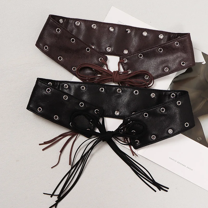 

Черный кофейный мягкий тонкий корсет из искусственной кожи с завязками, женский пояс в стиле панк с отверстиями Y2k, классические бандажные ремни Cinturones Para Mujer