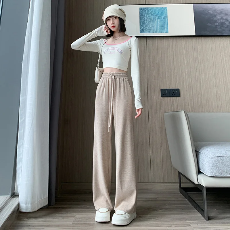 Calças de perna larga cáqui feminino verão modal solto-ajuste faixas cordão leve emendado kawaii flowy babados arejado simples