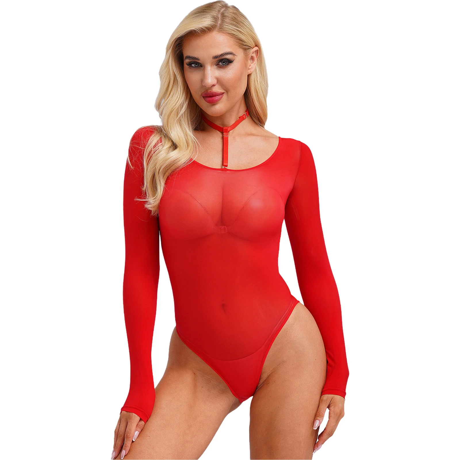 

Womens Sheer Lingerie Jumpsuit Glossy See Through Long Sleeve Leotard Unitard with Choker Nightclub Party Role Play Club Wear