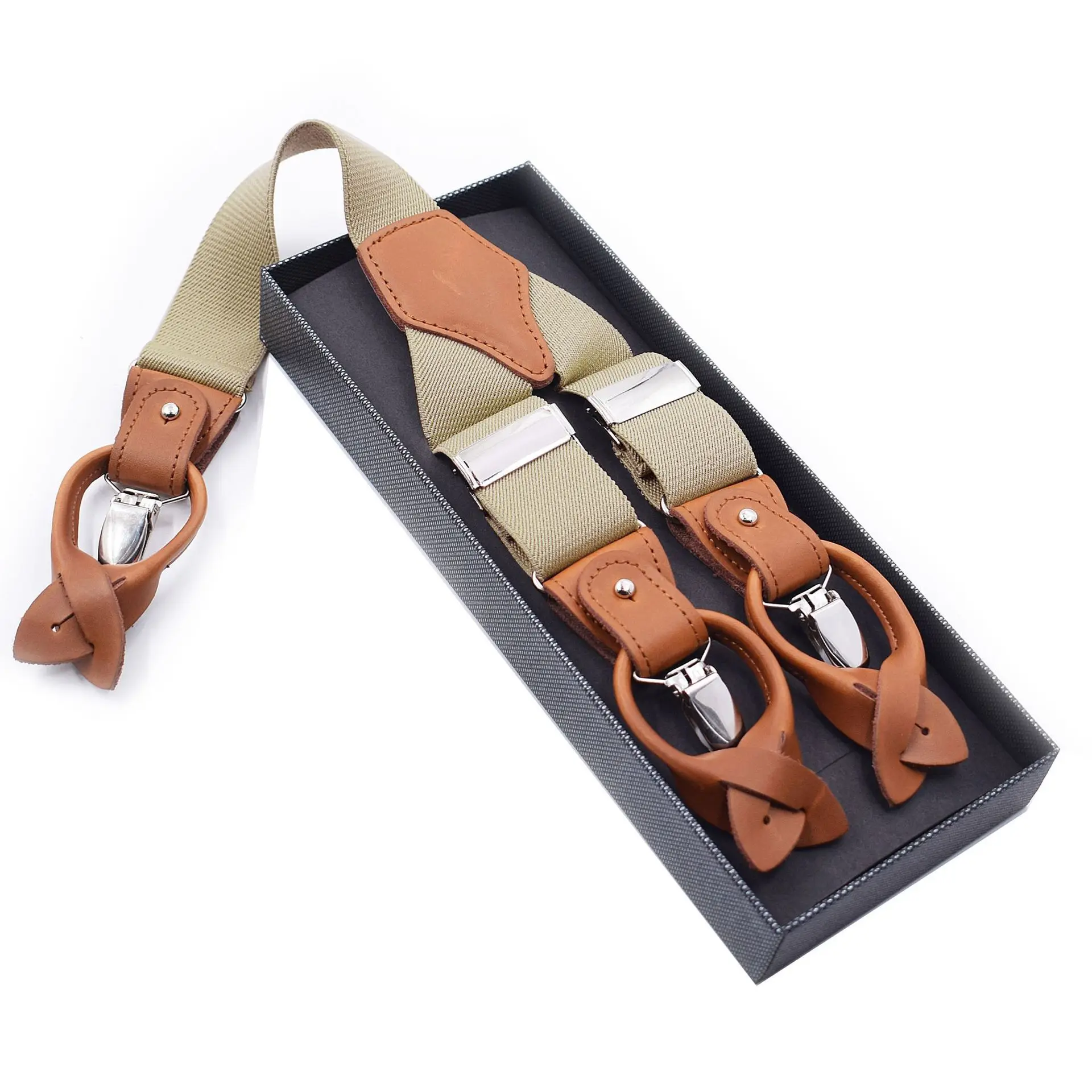 3.5cm Elastic and Stretchable 6-clip Adult Male Office Worker Shoulder Strap Clip Dual-purpose Brown Leather Adjustable Hanging