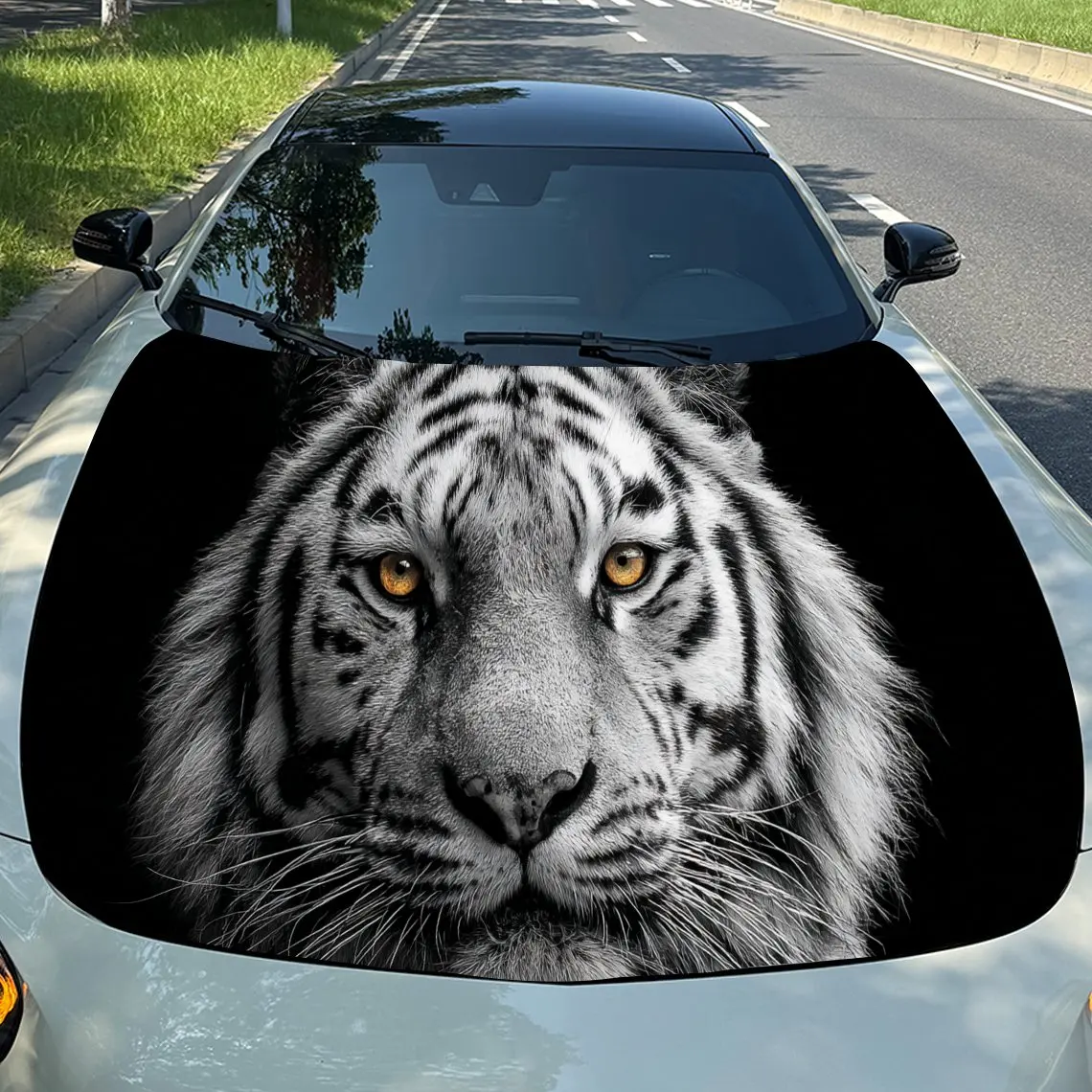 

Dominant White Tiger PVC Car Hood Wraps, Self-Adhesive Waterproof Car Bonnet Decal Sticker, Car Decoration Protection Stickers f