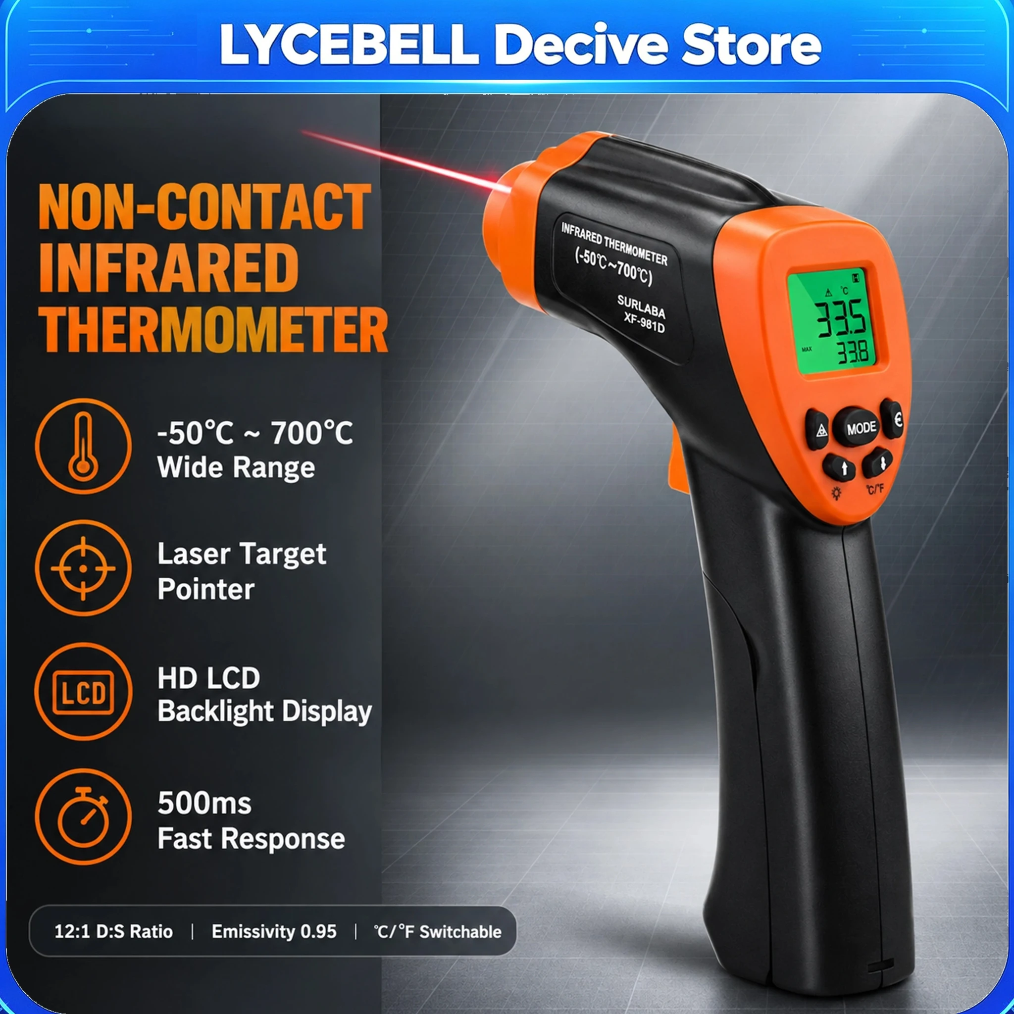 Infrared Thermometer Temperature Gun -50℃~550℃ Non-Contact Digital Handheld IR Laser Pyrometer for HVAC Industrial Cooking 12:1