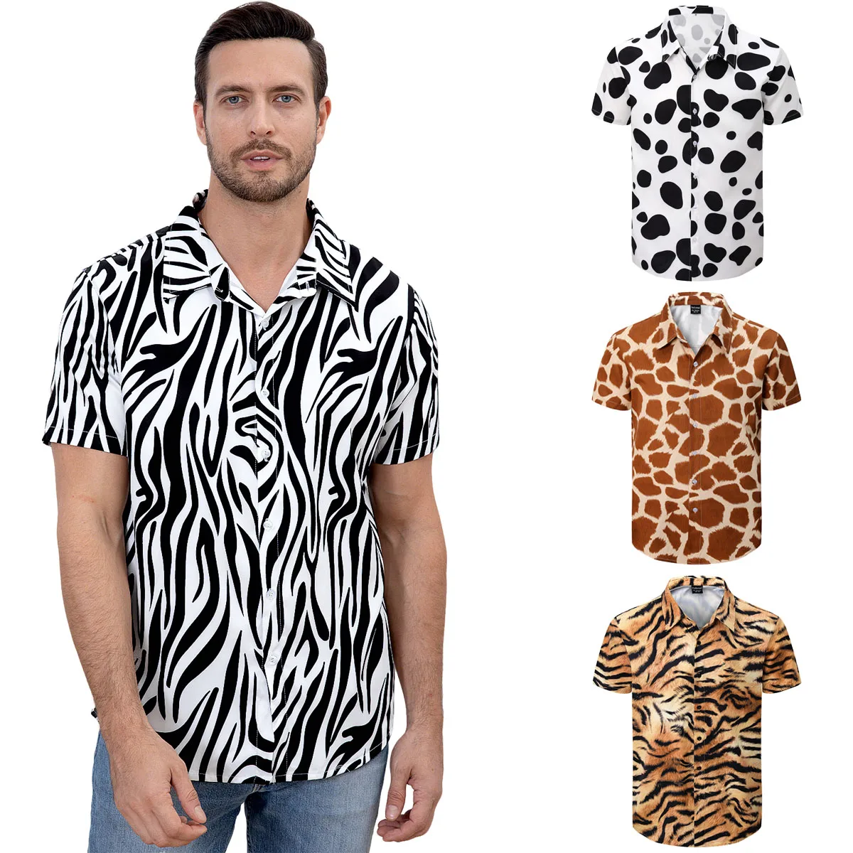 Men's Zebra Print Shirt Hawaiian Shirts Tiger Leopard 3D Printed Animal Shirts Men Short Sleeve Button Down Tops Casual Tee