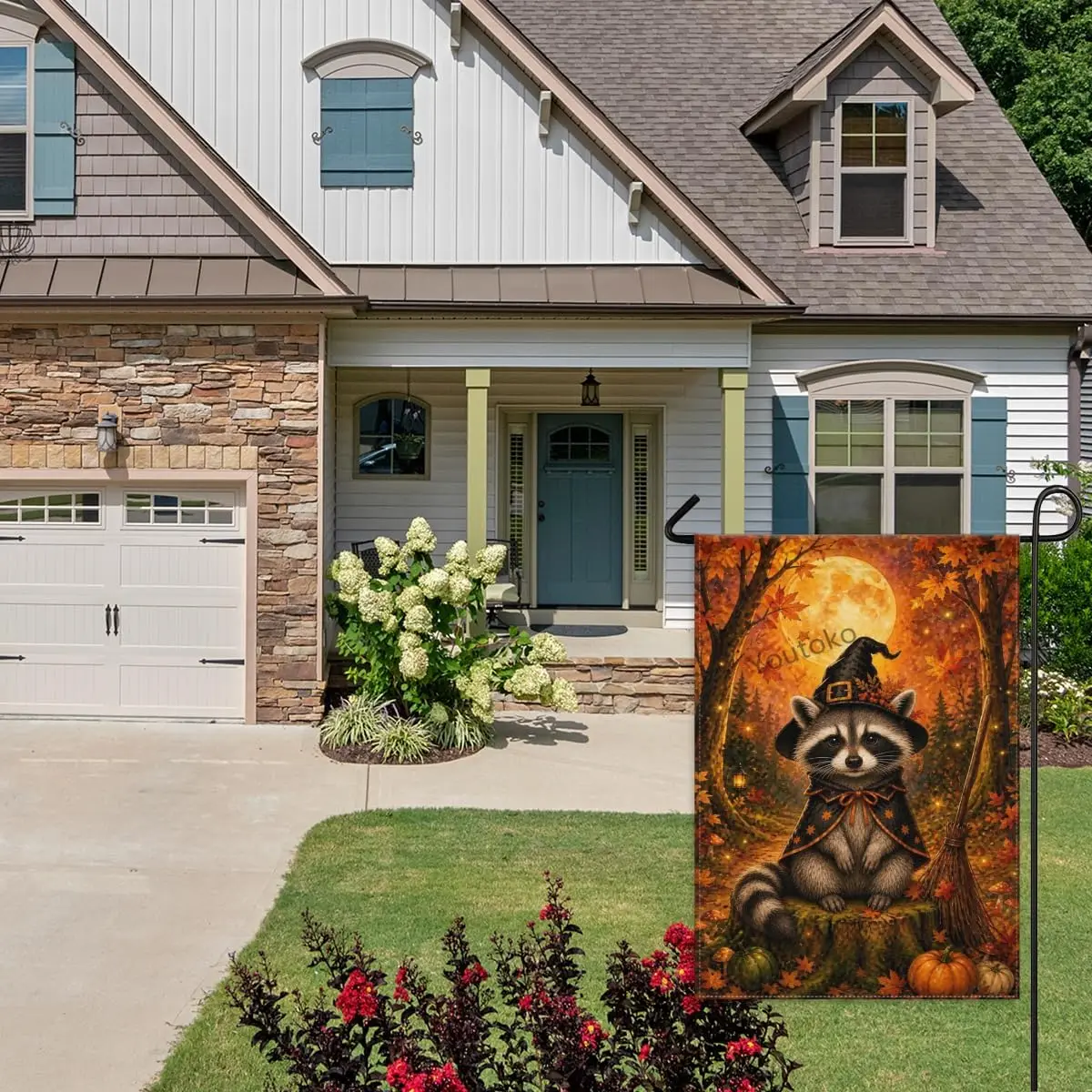 Fall Halloween Raccoon Garden Flag 28x40 Inch with Maple Leaves and Pumpkins Double Sided Polyester Outdoor Yard Flag for Ho PPZ