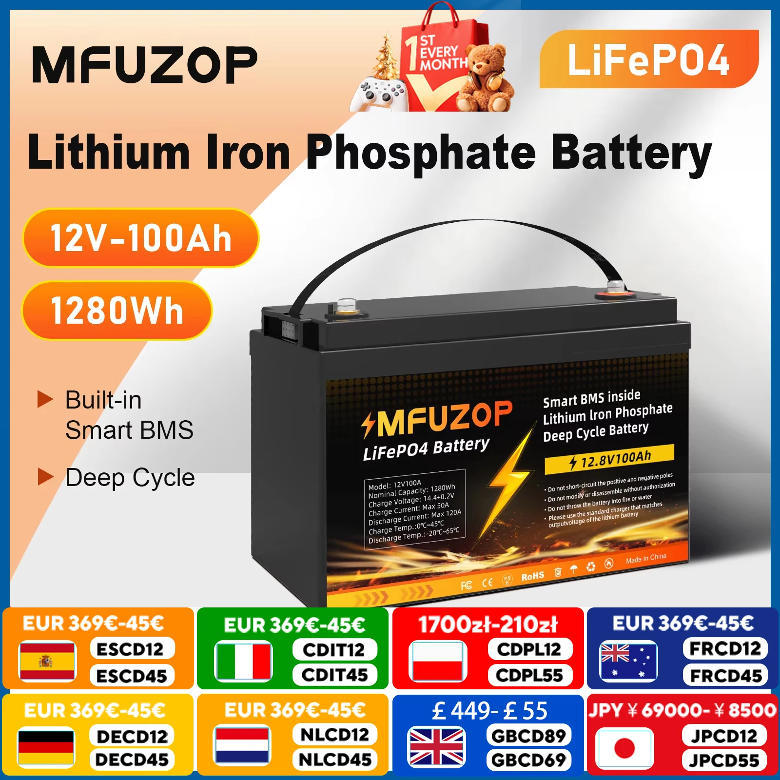 

DATOUBOSS 12V 100Ah Portable Rechargeable LiFePO4 Battery Built-in Intelligent BMS System Deep Cycle 10000+ for RV Solar No VAT