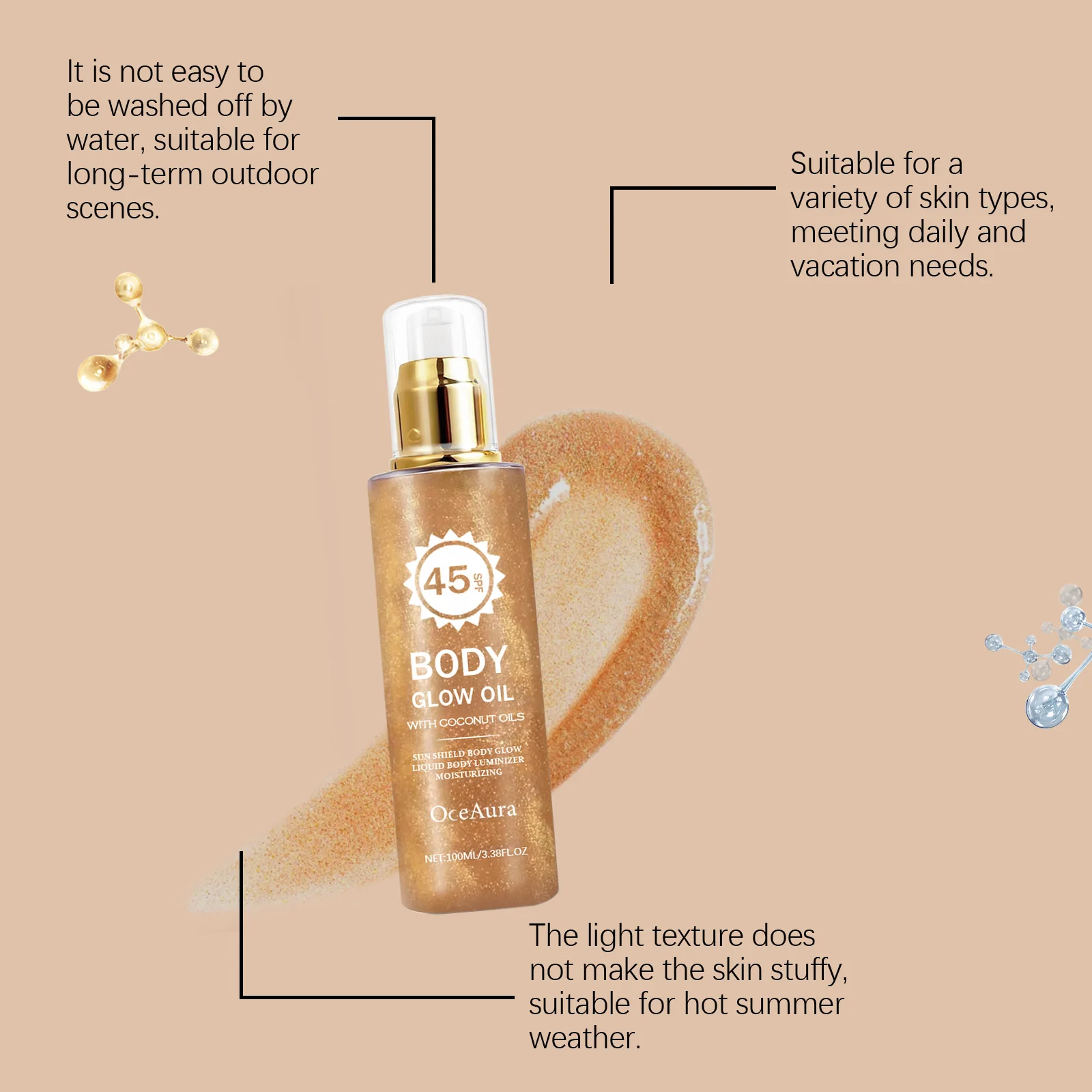 100ML Coconut Body Glowing Oil Outdoors Sunscreen Prevent Sunburn Non-greasy Refreshing Enhance Gloss Hydrating Body Shimmer Oil