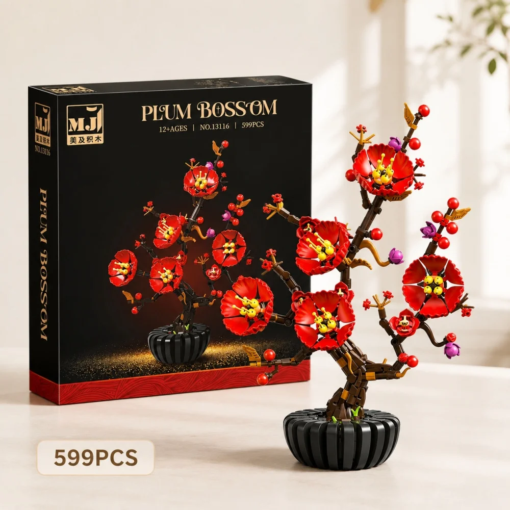 Plum Blossom Bonsai Building Blocks, 599Pcs Flower Bouquet Set, Detailed Botanical Plant Bricks, Desktop Ornament Gift