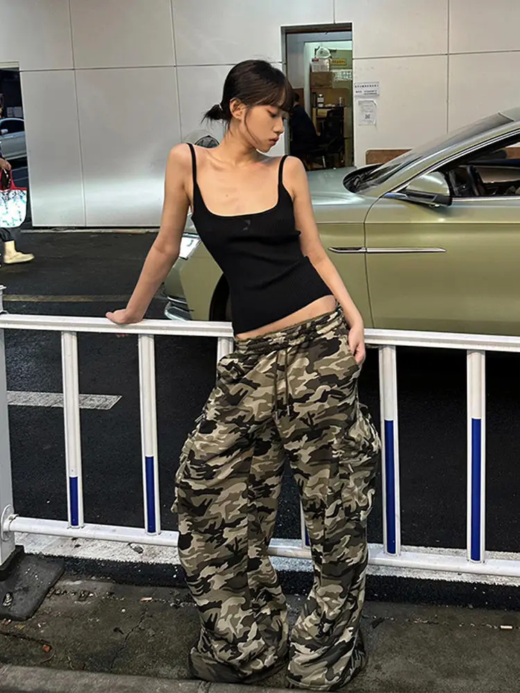 Women Oversize 2000s Aesthetic Camouflage Pants Baggy Wide Leg Pantalones Drawstring Long Trousers Trashy Y2k Japanese Grunge