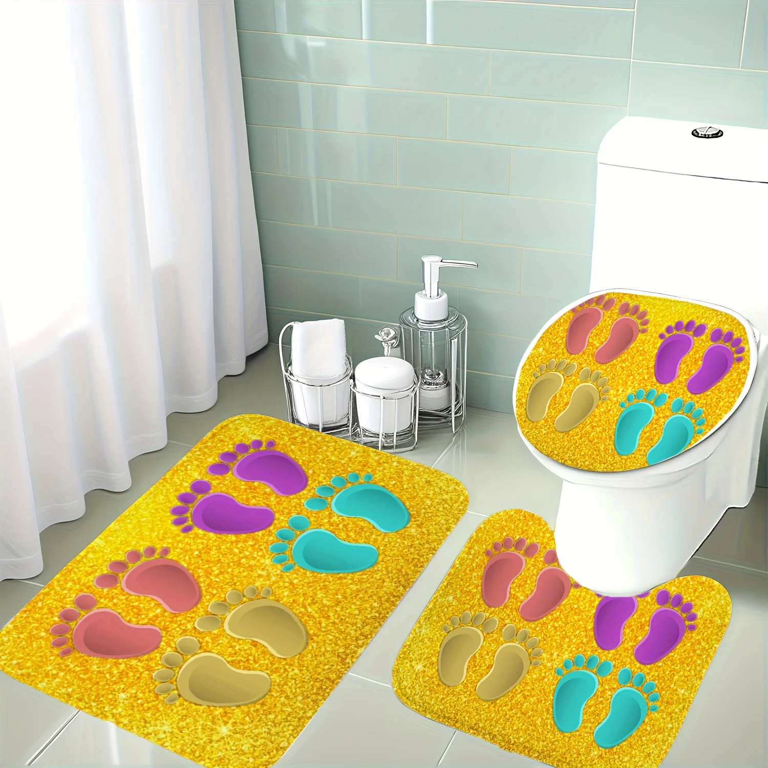 

Christmas Decorations, 3pcs Set with Colorful Footprints on a Shimmering Golden Background, Vibrant and Cheerful Pattern Bathroo