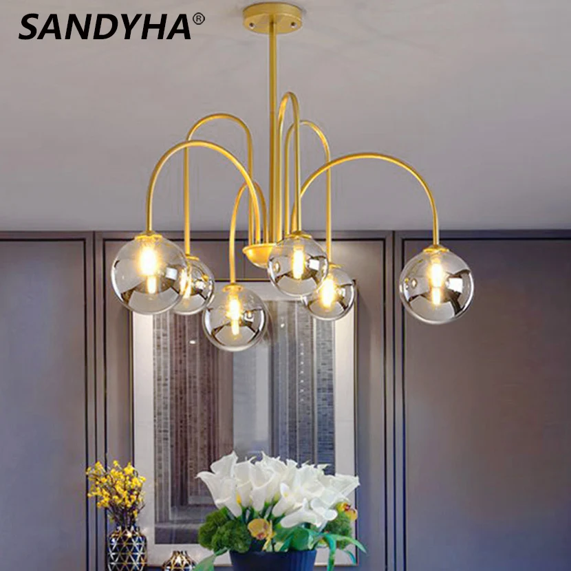 SANDYHA LED Hand Blown Glass Chandelier Gey White Ball Bent Iron Spider Molecular Ceiling Lamp Live Dining Room Vintage Lights