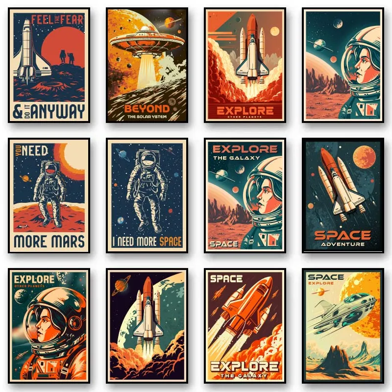 Vintage Space Astronauts Rocket Ufo Aliens Spacecraft Canvas Painting Posters and Prints Retro Space Wall Art Picture Home Decor