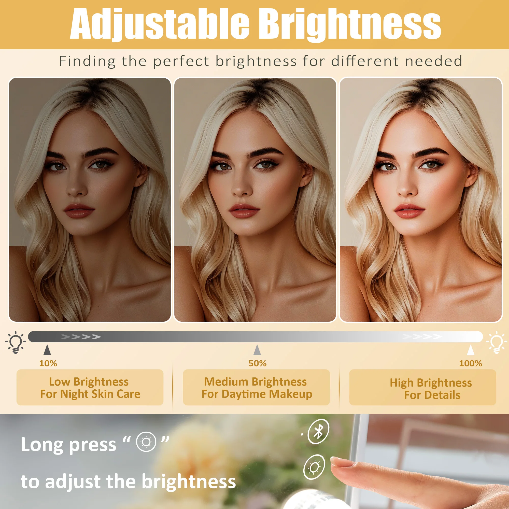 FENCHILIN Espelho de vaidade branco com luzes Carregador sem fio Alto-falante Bluetooth Espelho de maquiagem Hollywood com 12 lâmpadas reguláveis