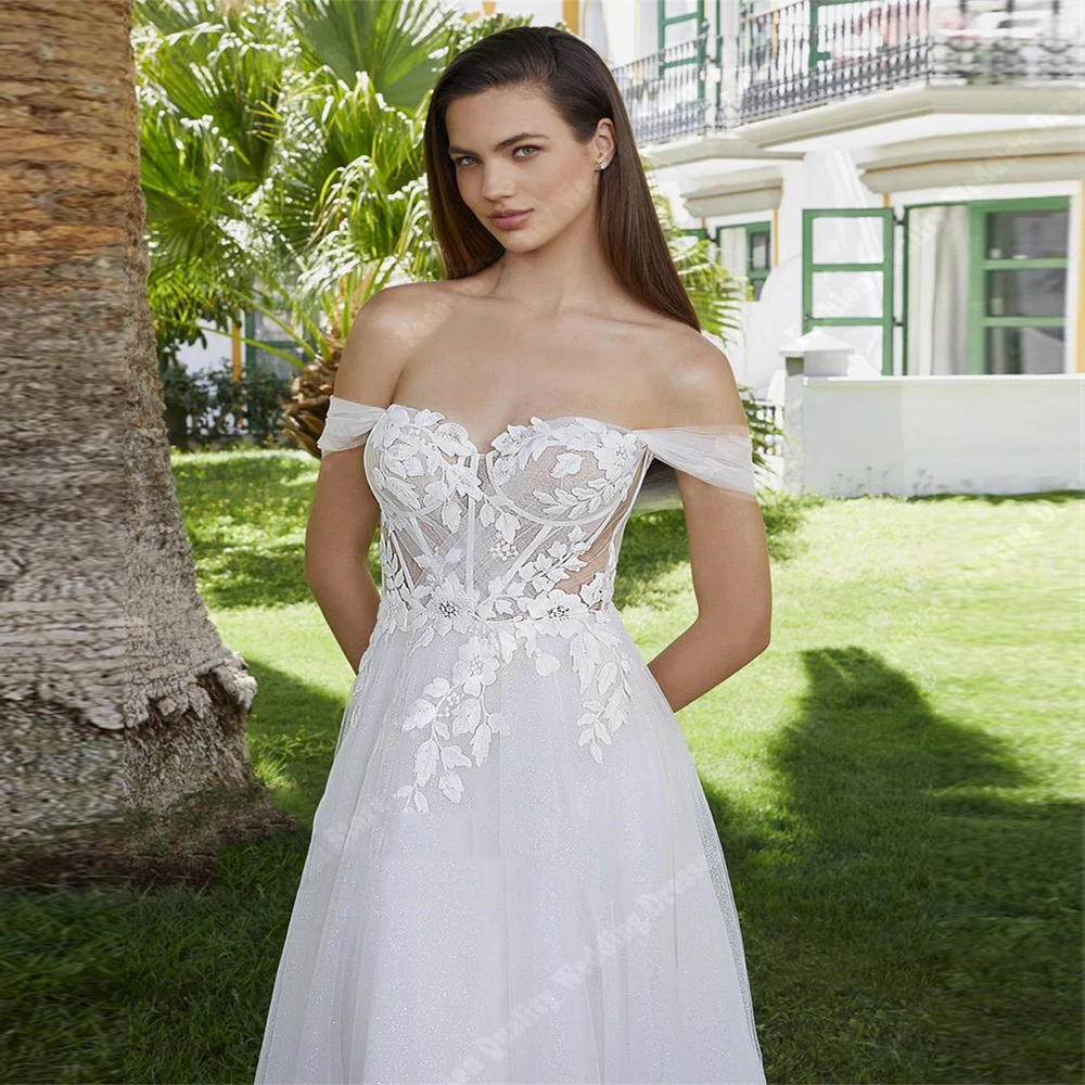 Sexy von der Schulter Frauen Brautkleider Spitze Blumen druck a-Linie Brautkleider Boden wischen formelle Bankett vestido de novias