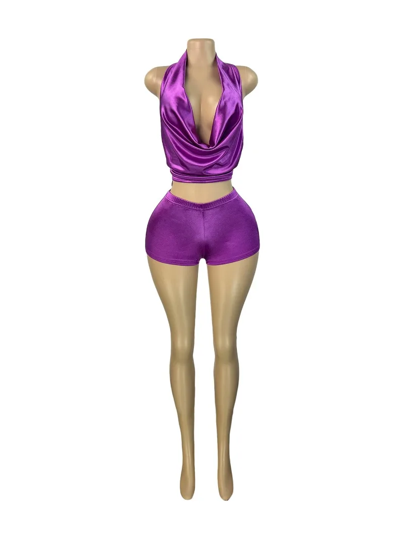 Feminino sólido brilhante cetim duas peças conjunto rendas até halter sem costas gola balançando tanque colheita topos + shorts combinando ternos clubwear