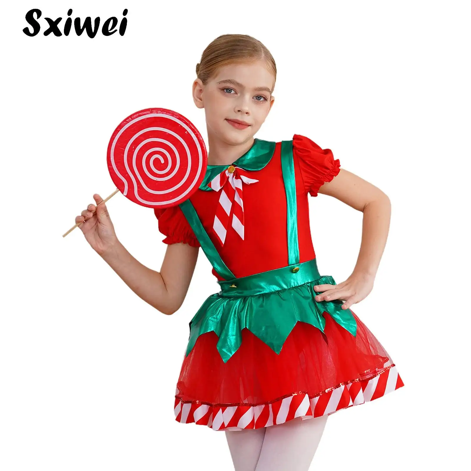 

Kids Girls Christmas Elf Miss Santa Cosplay Costume Bow Stripes Ballet Dance Dress Gymnastic Leotard Stage Performance Clothes