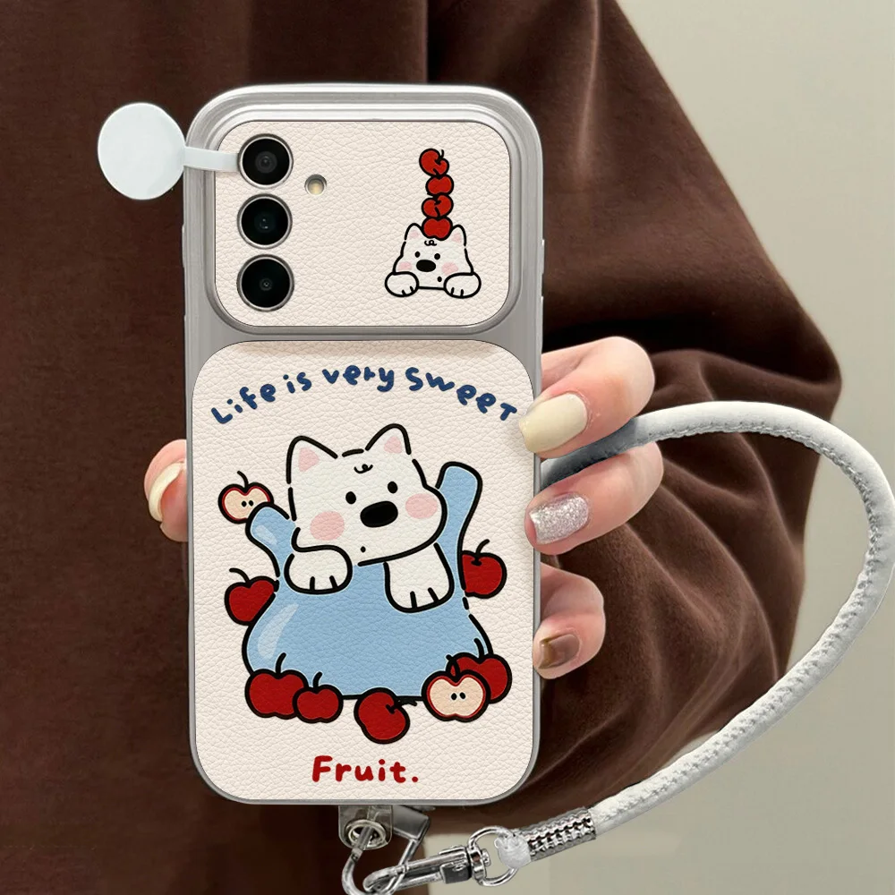 Cute White Puppy Phone Case For Samsung A56 A36 A27 A26 A57 A17 A07 A37 A55 A16 S26 Ultra S24 FE S25 Leather Soft Lanyard Cover view 2