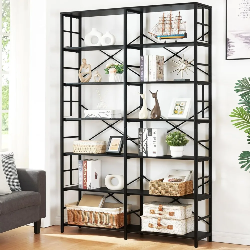 

HOMISSUE Double Wide 7-Tier Bookshelf,Industrial Bookcases with Metal Frame,Open Large Storage Bookshelves,Wood Style and Metal