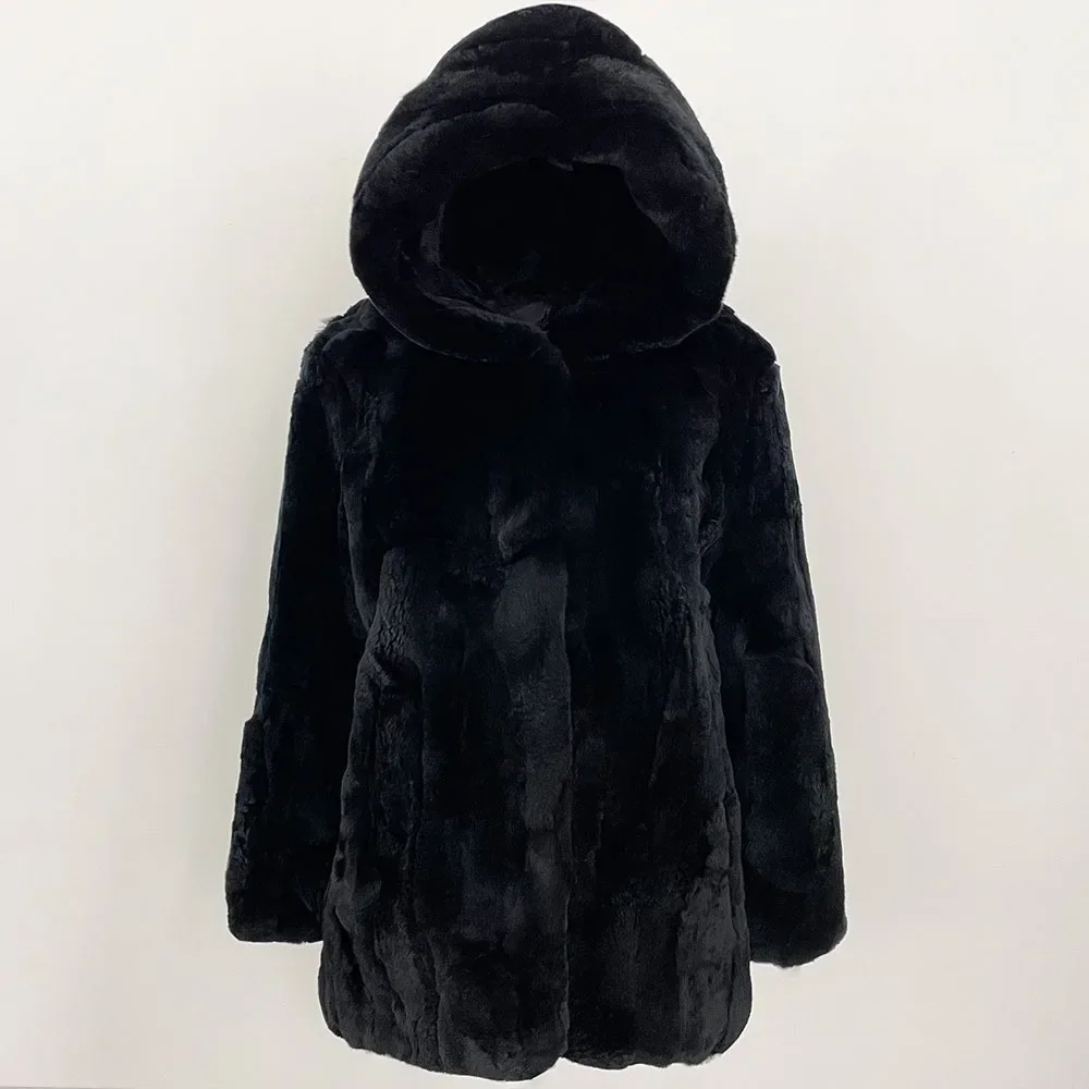 

2025 Autumn Winter Female Natural Rabbit Fur Jacket Warm Women Real Rabbit Fur Coat Hooded Solid Color Black Fur Jacket Women