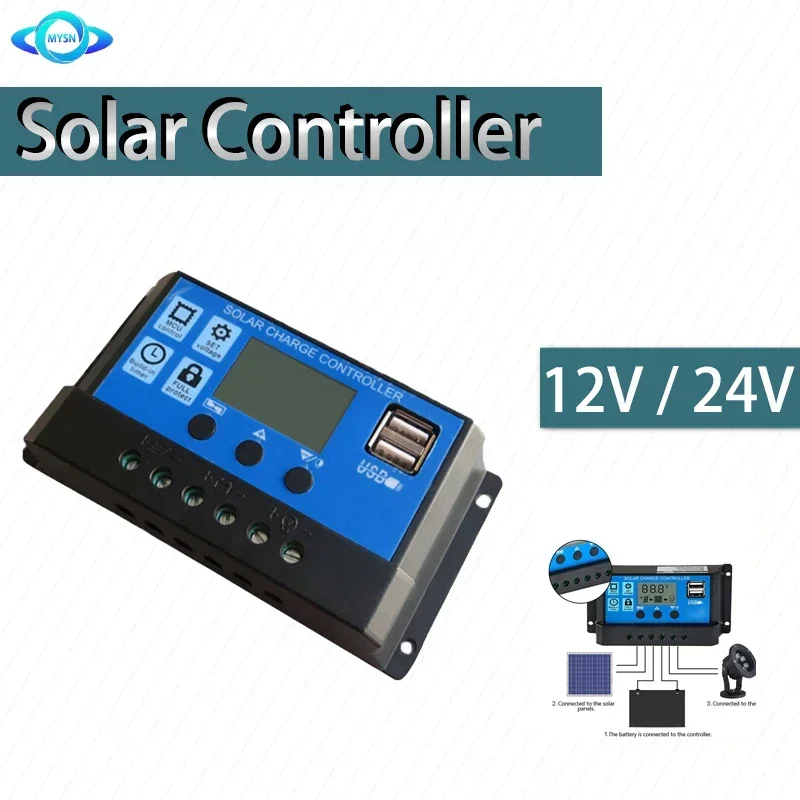 PWM Solar Charge Controller 12V 24V 30A/20A/10A Auto LCD Dual USB Output Photovoltaic Solar Panel PV Regulator Load Discharger