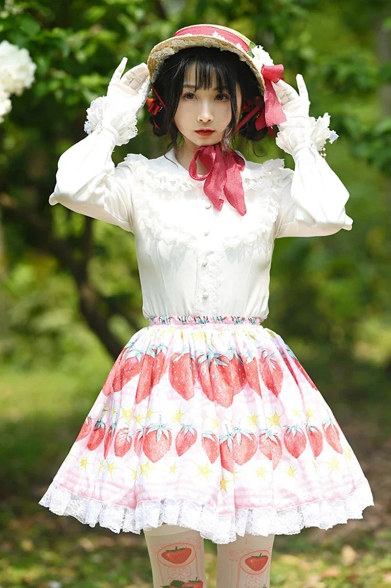 Ainclu Cute Lace Japanese Kawaii Original Lolita Pleated Soft Skirt with Strawberry Flower Print
