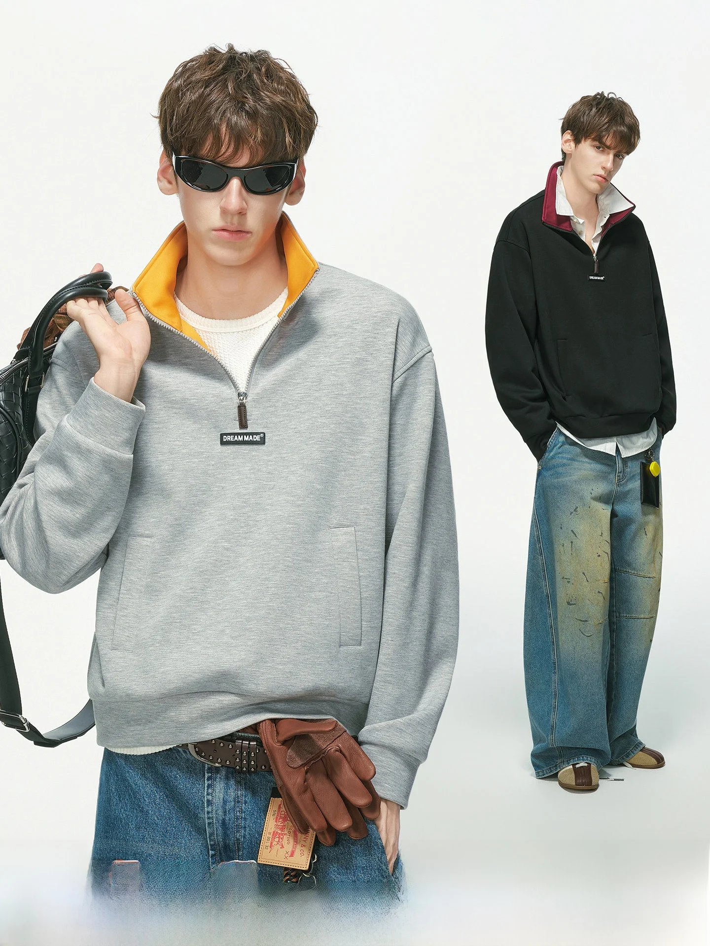 Gray American Style Hoodie with Half Zipper And Collar for Men Commute Autumn Outerwear Color Block Youth Fashion Loose Fit