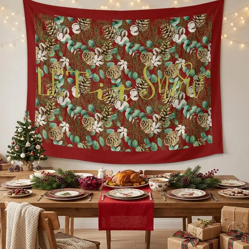 VIKAMA Pine Cones Let It Snow Tapestry, HD Print Wall Hanging for Living Room Cozy Holiday Home Decor