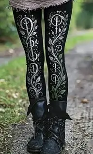 Women's Punk Skull Leggings Black Moon Phase Flame Print Stretchy Slim Fit Pants Gothic Dark Skinny Trousers - view 5