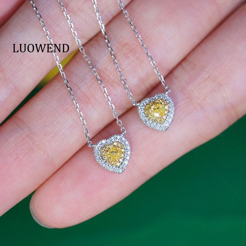 

LUOWEND, 100% белое золото 18 карат, романтическое ожерелье в форме сердца, подвеска с натуральным желтым бриллиантом для женщин, изысканные ювелирные изделия