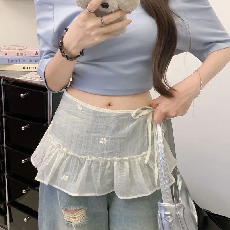 Polka Dot Lace White Lace Half Skirt Women's Design Layered Short Skirt Korean Elegant High Waist A-Line Skirt Apron