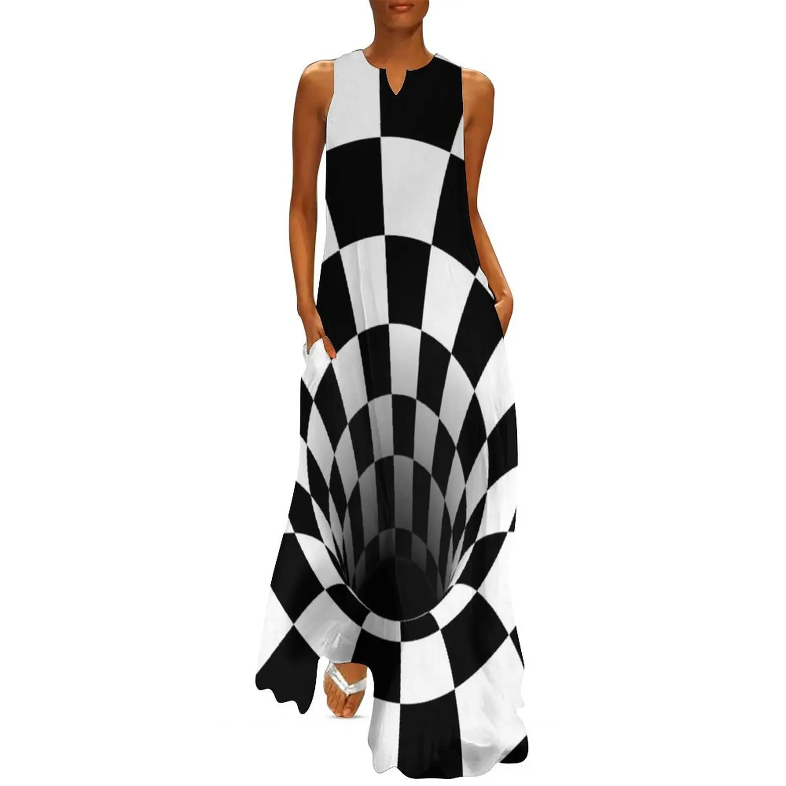 Optical Illusion Black Hole Checkerboard (Black/White) Long Dress dress dresses ladies 2025 summer