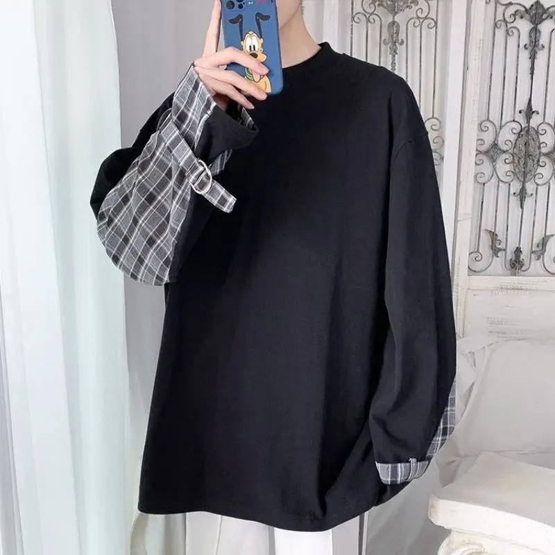 Stylish O-Neck Spliced Loose Korean Plaid T-Shirt Men Clothing 2023 Spring New Casual Pullovers Long Sleeve All-match Tee Shirt