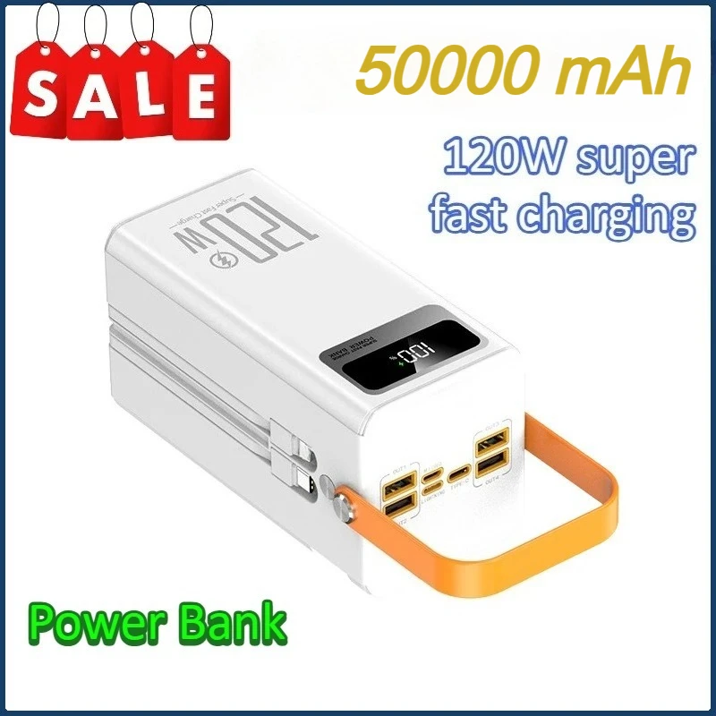 

50000mAh Power Bank 120W Fast Charging Power Station Outdoor Emergency Power Bank with Detachable Double Wires for Camping Phone