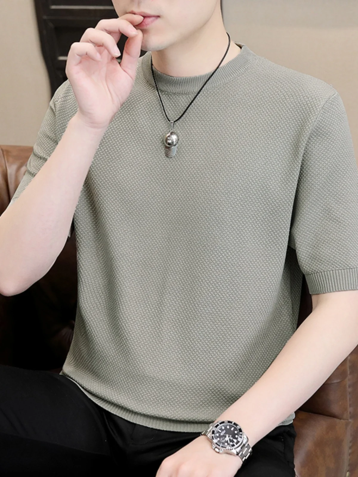 

Men's Short Sleeve T-shirts O-neck Casual Knitting Pullover Soft Striped Tops Knitwear Solid Color Breathable T Shirt B86